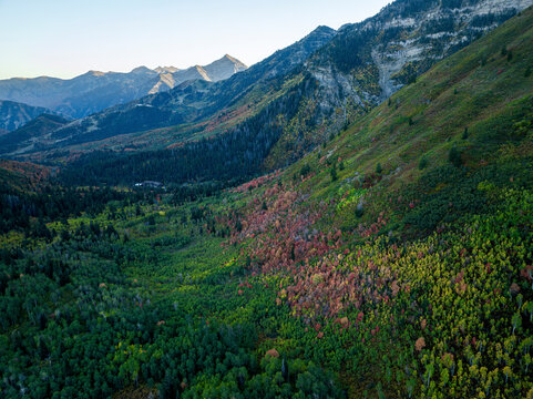 Aerial view of lush mountains and serene forest in American Fork Canyon, Utah, United States.