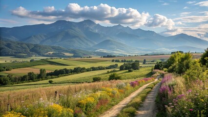 Obraz premium Spring Flowers Bloom in Snow Covered Alpine Scenery with Evergreen Forest