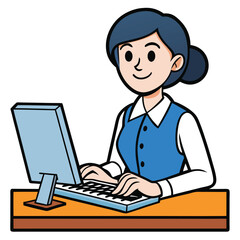 Cartoon woman working on computer in office environment vector illustration