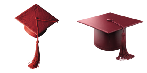 Two red graduation caps with red tassels
