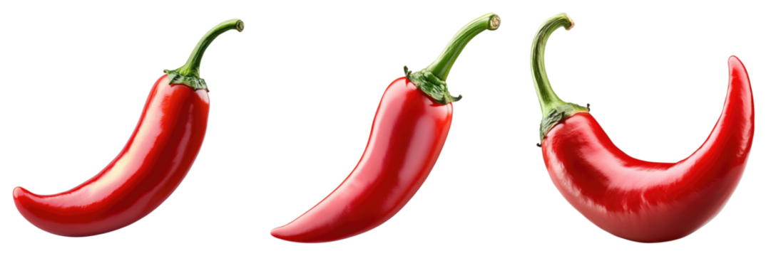 Three red peppers are shown in a row, with the middle one being the tallest