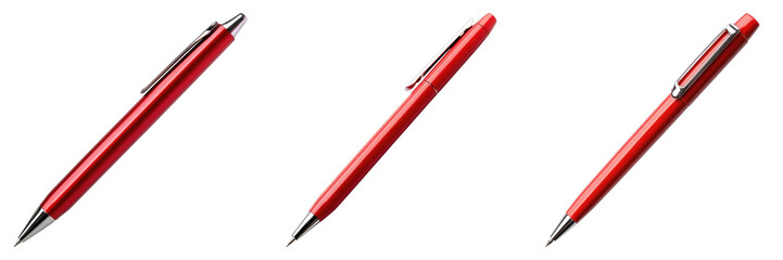 Three red pens are lined up on a white background