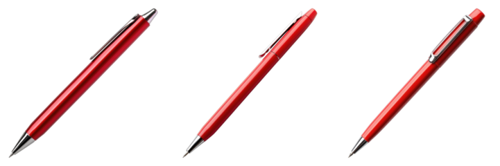 Three red pens are lined up on a white background