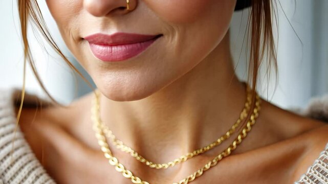 Elegant gold necklace transitions: closeup movement on fashionable woman