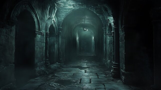 Mysterious medieval crypt corridor with arches, fog, and dim light in the distance