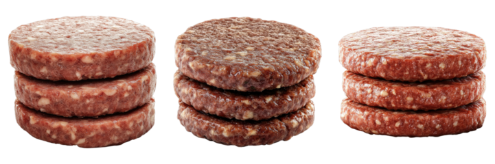 Three stacks of meat patties, one of which is a hamburger