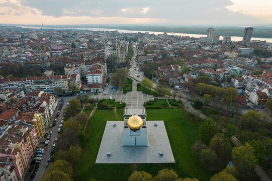 Aerial view of the pantheon of national revival heroes and the Danube river at sunset, Ruse, Ruse, Bulgaria.