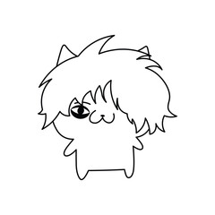 Cartoon emo cat with long messy bangs covering one eye, black and white line art. Fun and positive design perfect for coloring, stickers, emoji sets, or playful graphics