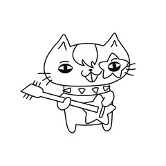 Cartoon cat wearing a studded collar, happily playing a star-shaped electric guitar in rockstar style. Fun and positive design perfect for coloring, stickers, emoji sets, or playful graphics