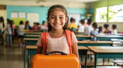 A smiling young child with curly hair stands in a brightly lit classroom, wearing a striped shirt and a green hoodie, with a backpack slung over their shoulders.