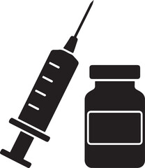 medical syringe with vaccine bottle silhouette vector art illustration.