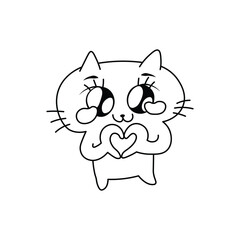 Cute cartoon cat forming a heart shape with its hands, big shiny eyes, smiling sweetly, black and white line art