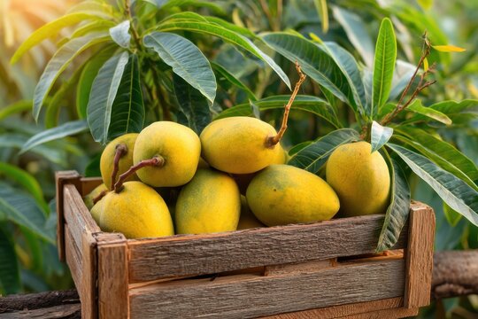 Fresh summer mangoes in wood basket with natural mango grove in background
