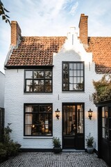 Obraz premium Beautiful white brick house with black accents and large windows in a serene courtyard on a sunny day in a charming neighborhood