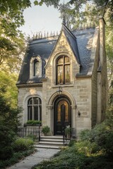 Obraz premium Charming stone cottage nestled in lush greenery, showcasing intricate architectural details and a serene garden setting in the heart of nature