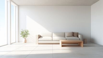 Bright minimalist living room with a clean white wall, natural wood furniture, and soft neutral-toned sofa. Sunlight streams in through large windows, casting soft shadows across the tiled floor.