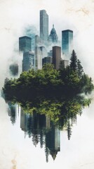 Obraz premium Surreal cityscape with forest and reflection, artistic rendering of urban nature concept, vertical view, dreamlike image