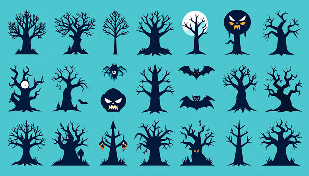 A collection of twenty-four dark, stylized, spooky tree silhouettes, bats, spiders, and grinning faces against a light-blue background; perfect for Halloween designs