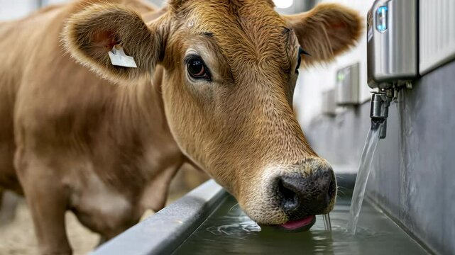 Curious cow drinking water in indoor dairy barn closeup sequence