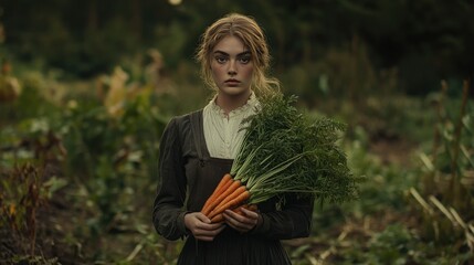 A woman wearing a beige shirt and black overalls stands in a garden filled with greenery.