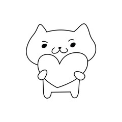 Cartoon cat holding a big heart with a determined face, cute and bold black and white line art illustration. Fun and positive design perfect for coloring, stickers, emoji sets, or playful graphics