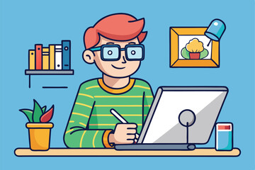 Illustrator working at his desk creating digital art vector illustration