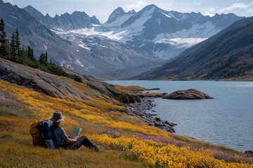 Fototapeta premium Alpine Hiker Resting Beside Glacial Lake Surrounded by Peaks and Flowers