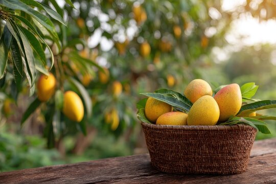 Close-up of ripe mangoes in wooden basket and green trees in soft blur