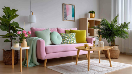 Bright pastelthemed small apartment interior cozy modern living room with blush pink sofa mint green pillows light wood furniture soft natural lighting large