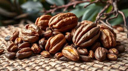 A close-up view of raw cocoa pods arranged on a rustic textured mat with green leaves. Food concept