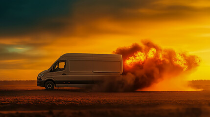 White delivery van with burning wheels on the asphalt against a dark sky background. Concept of fast and intense logistics, postal service, or delivery concept.