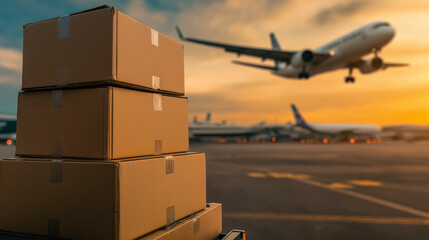 Boxes on a cargo truck being transported to an airplane for air transport, with the background showing an airport runway and a plane in the distance.