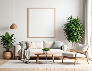 Bright living room with blank frame sofa plants and natural light (1)