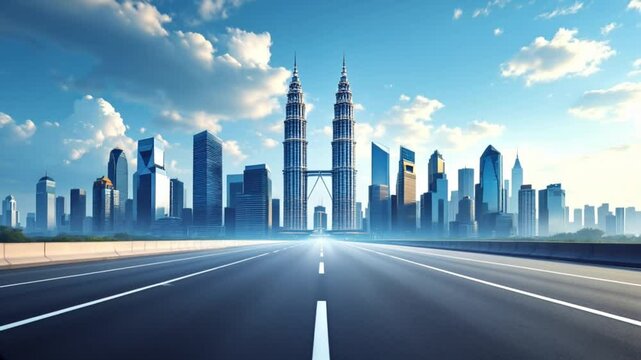Modern city skyline with empty highway road