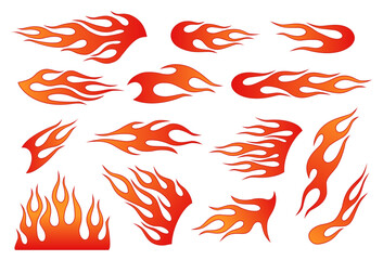 Flame decal. Red silhouette fire flames tattoo, tribal fire vinyl burning stickers for sport car and motorbike. Hotrod muscle car, motorcycle racing graphics. Vector set © Ukio.stock