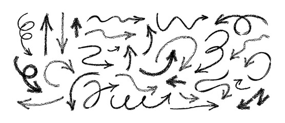 Charcoal arrows. ?halk textured grunge curved and swirl motion arrows, crayon sketch direction symbols, doodle scribble navigation black pointers. Vector isolated set