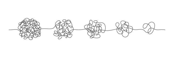 Simplifying process. Easy problem solving, complex to simple. Messy scribble line tangles, chaos transformation, stress reduction. Simplify and psychotherapy vector concept