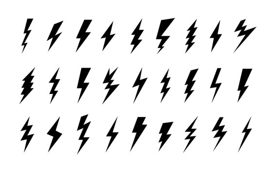 Lightning bolt icon. Flash symbol, thunderbolt, blitz lightnings strike sign. Electric energy black silhouettes, power concept. Vector isolated dynamic sports logo set