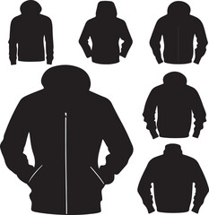 Black and White Vector Silhouette Set of Hoodies and Jackets: Stylish Outerwear Apparel for Fashion Design and Clothing Templates