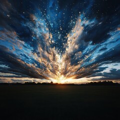 Obraz premium Stunning celestial explosion at sunset over a serene landscape dramatic skyscape nature photography