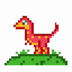Obraz premium pixelated dinosaur artwork on grass retro 8 bit creature in vibrant red and yellow colors