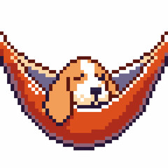 Fototapeta premium Pixel art dog resting peacefully in orange hammock, charming retro animal illustration