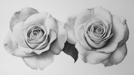 Two roses in monochrome pencil drawing artistic floral botanical illustration close up view on white background