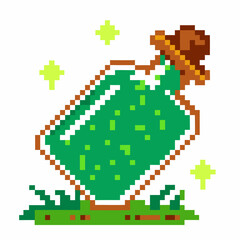 Pixel art magic potion bottle green elixir with sparkling light, retro gaming aesthetic, fantasy pixel design