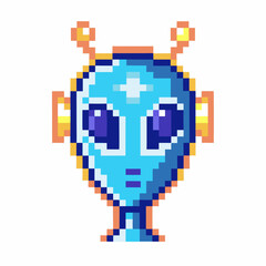 Naklejka premium pixel alien head with antennae in vibrant blue and orange tones retro 8 bit style, digital futuristic design, gaming character face