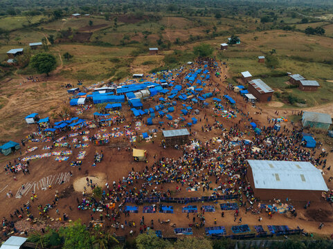 Aerial view of a vibrant tribal market bustling with people and stalls, Kako, Southern Nations Nationalities and Peoples' Region, Ethiopia.