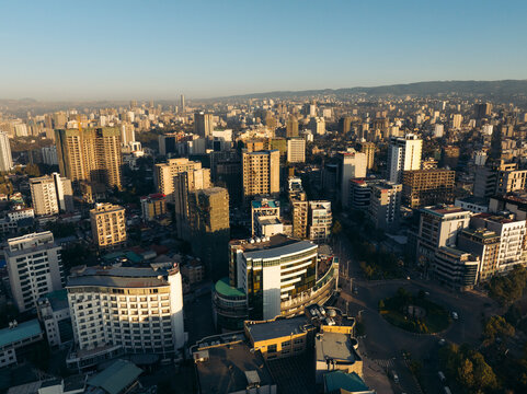 Aerial view of beautiful cityscape with modern skyscrapers and residential buildings, Ghiliffalegn Stream, Addis Ababa, Ethiopia.