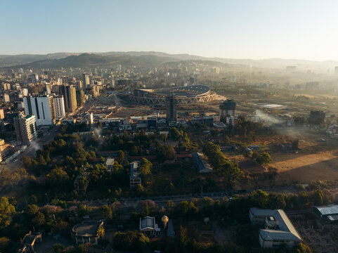 Aerial view of beautiful cityscape with modern buildings and skyline at dawn, Ghiliffalegn Stream, Addis Ababa, Ethiopia.