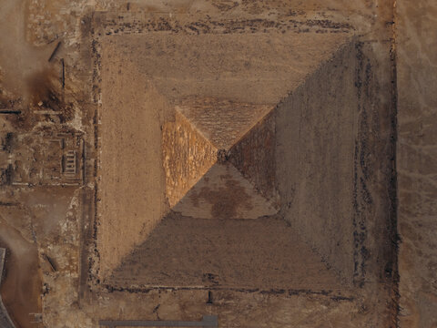 Aerial view of the Pyramid of Khafre in the Giza pyramids complex surrounded by desert, Al Ahram, Giza, Egypt.
