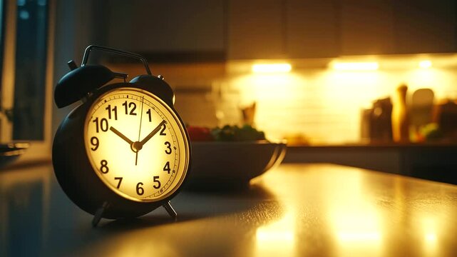 An alarm clock glowing softly in a dimly lit kitchen, with a bowl of food in the background, highlighting the anticipation of a fasting break.